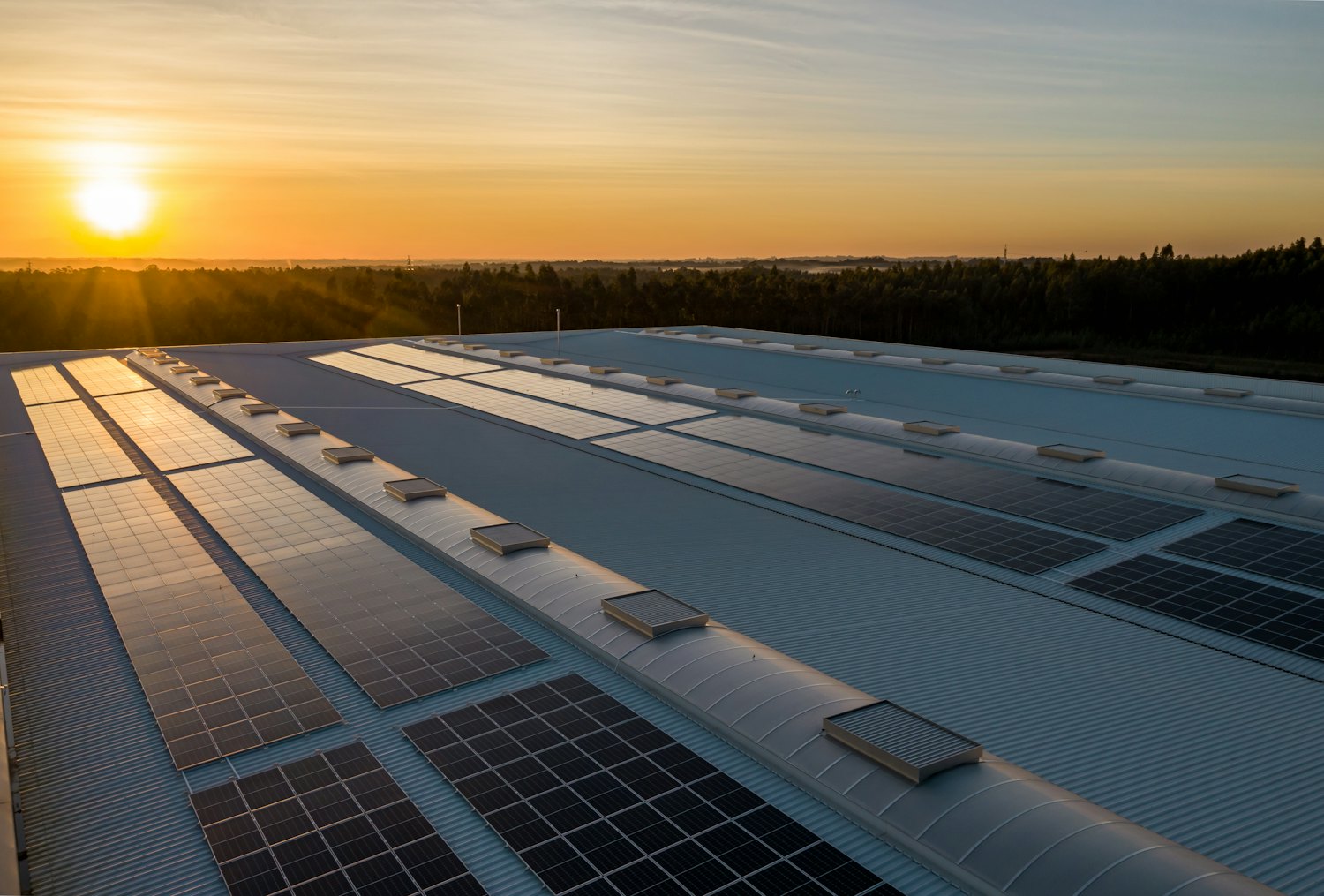 Rooftop solar panels glowing under a golden-hour sunset